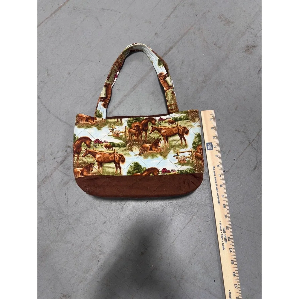 Handmade Quilted Horse Print Tote Bag Brown Equestrian Scenic Shoulder Bag